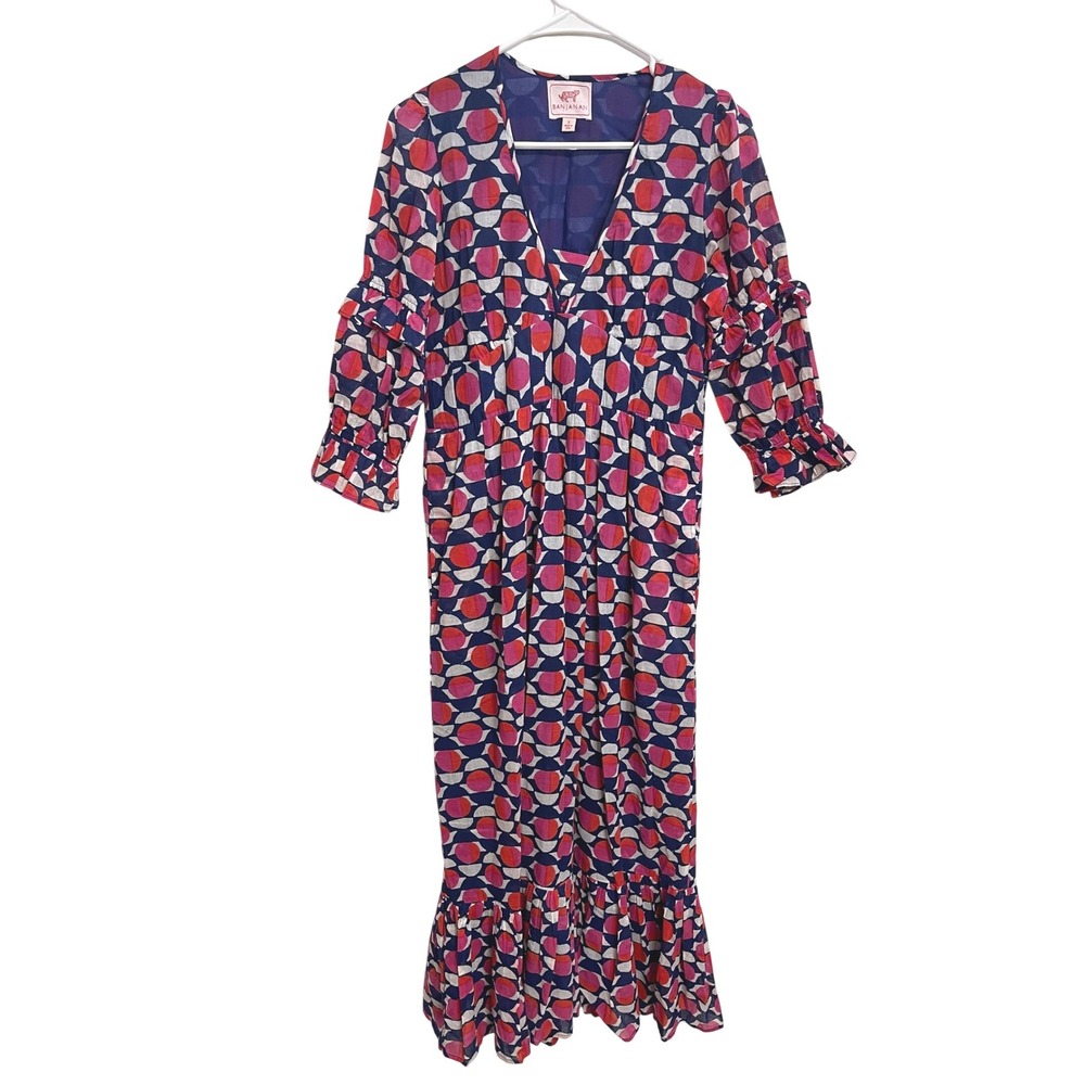 Banjanan Womens S Block Print Cotton Maxi Dress Ruffle Sleeve Blue Pink Boho